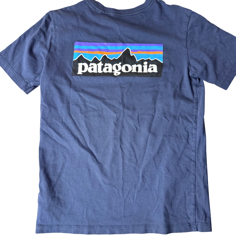 Patagonia Kids Navy Blue Organic Cotton Graphic Logo T-Shirt Size M 10